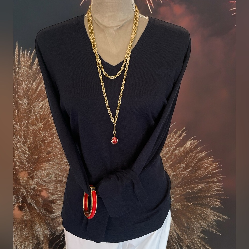 J Jill Ribbed Navy V-Neck Pullover Size Large